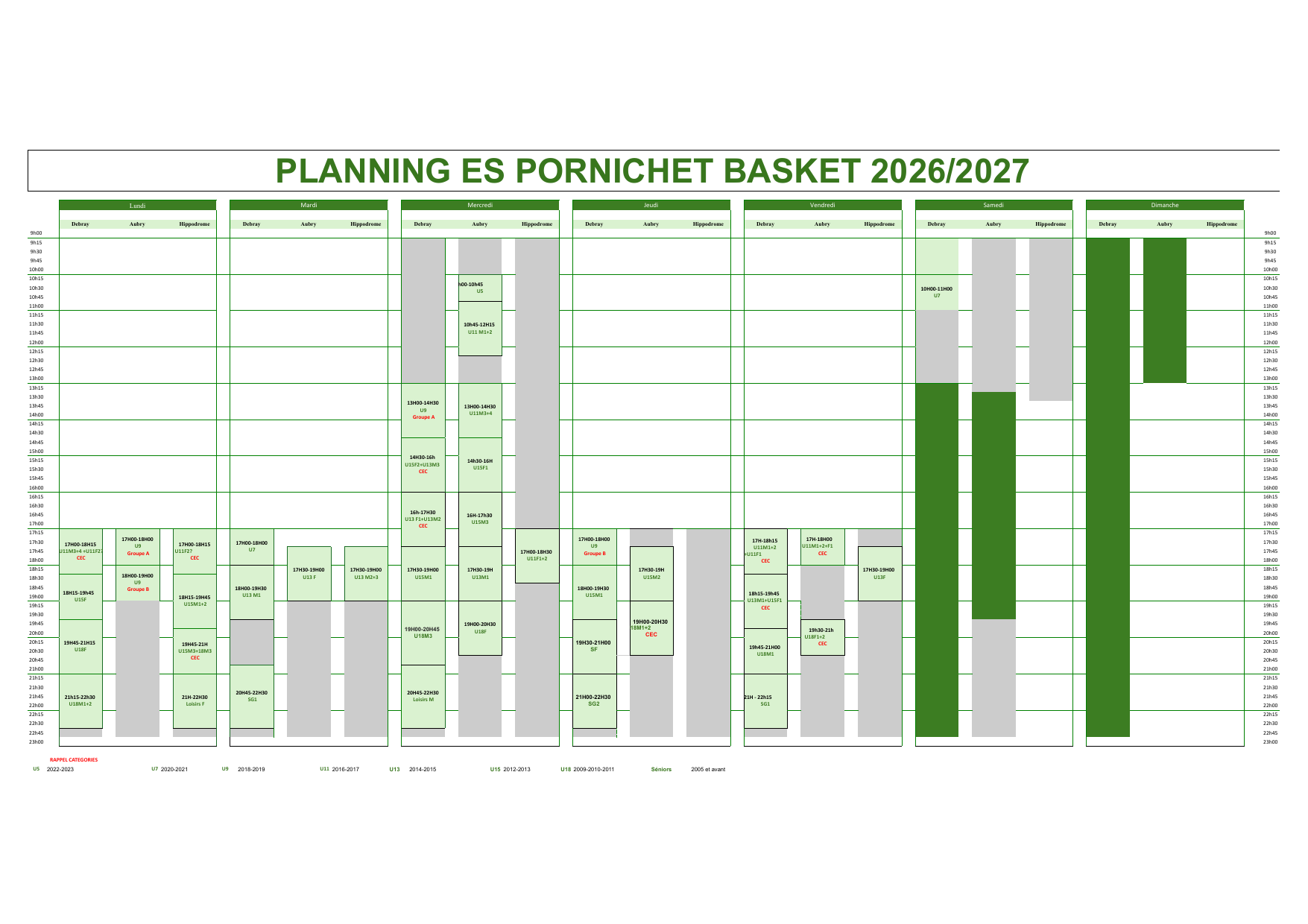 Planning des entrainements
